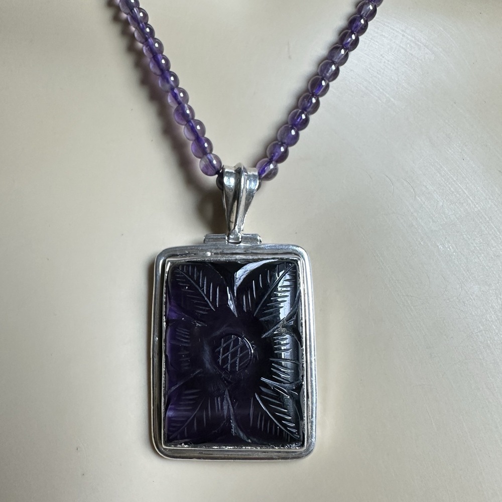 Artisan Pendant Bead Necklace 19 Inch Carved Flower Amethyst 925 Sterling 26.9g